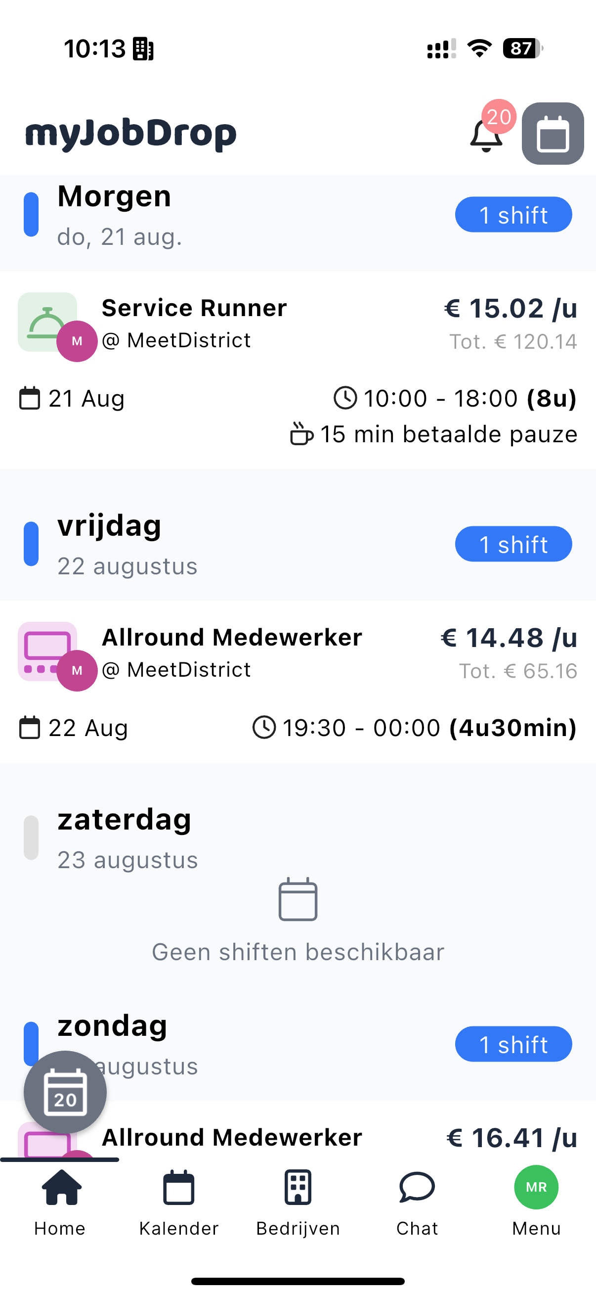 Worker calendar interface